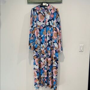 Tolani button front long sleeve sprint Floral Blue Pink Women's maxi Dress plus